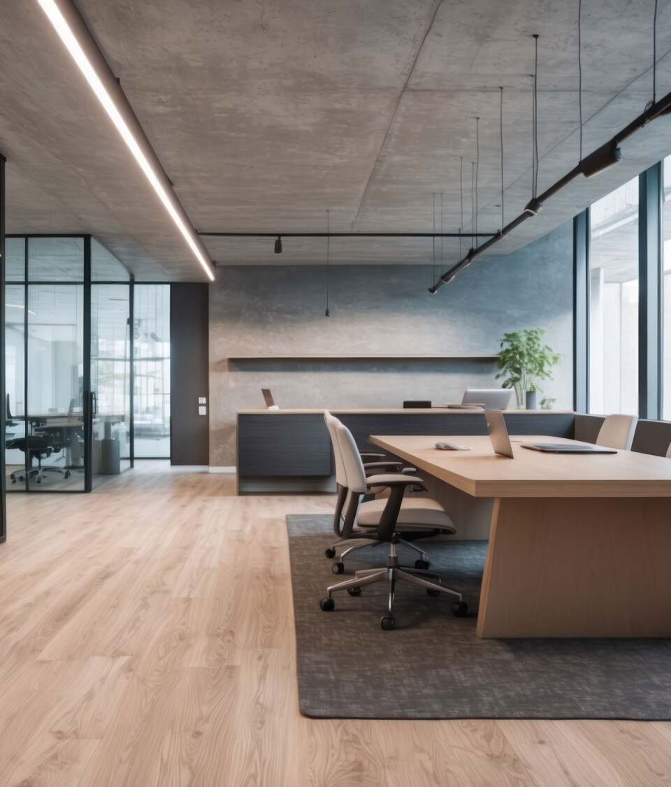 Modern office space featuring elegant furniture city views
